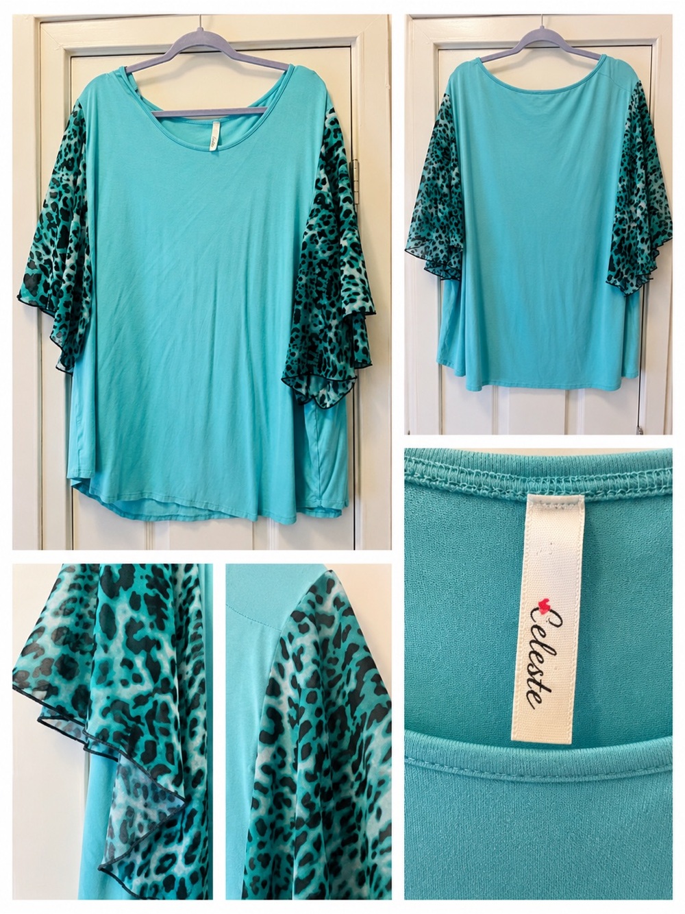 Celeste Turquoise Leopard Flutter Sleeve Tunic Women’s Plus Size 3x (22/24)